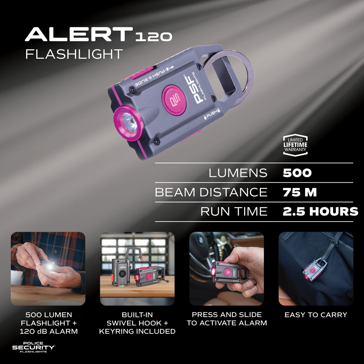 Police Security Alert120 Pink — alarm and flashlight specifications