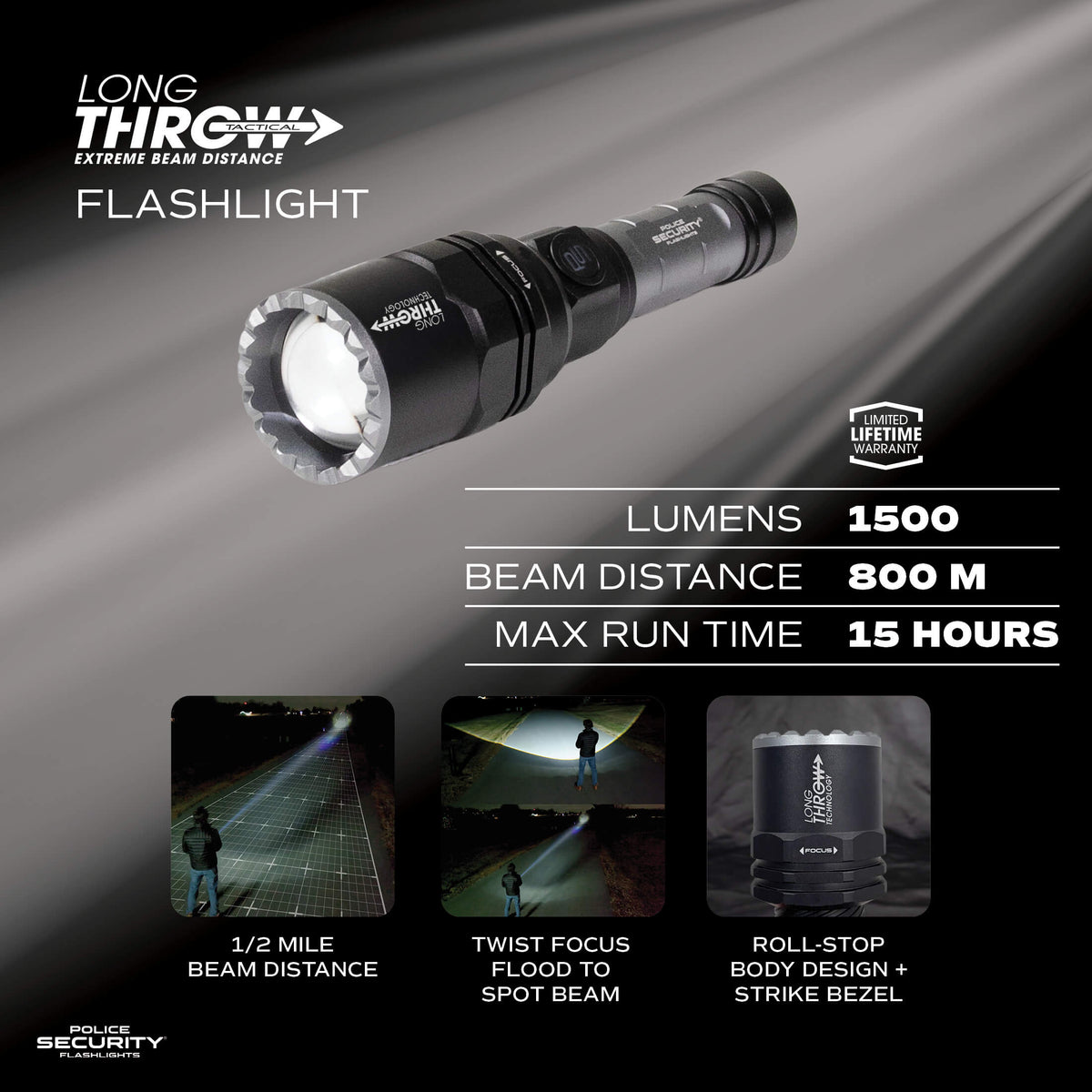 Police Security Long Throw 1500 lumens — manufacturer performance chart