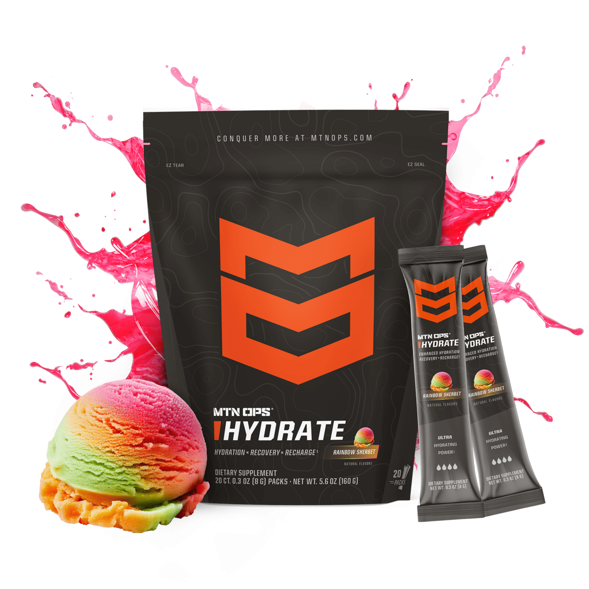 MTN OPS Hydrate Rainbow Sherbet — 20-count pouch and trail packs