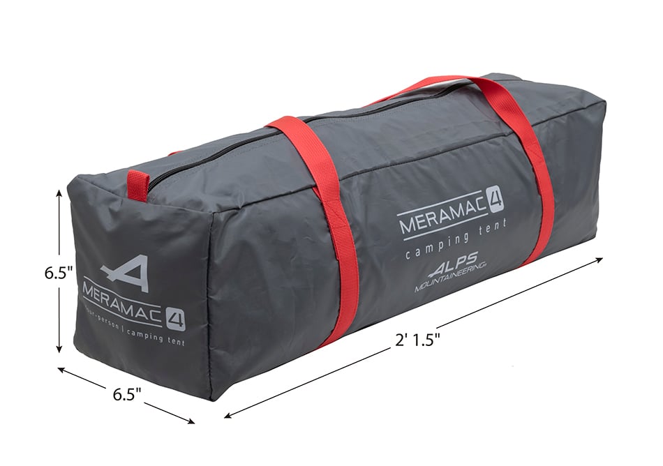 ALPS Meramac 4 carry bag with a packed-size diagram