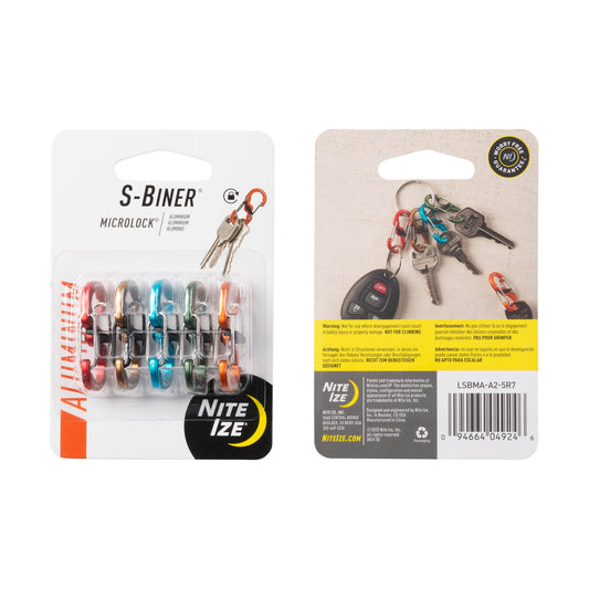 Nite Ize S-Biner MicroLock aluminum five-pack in assorted colors, front and back packaging, model LSBMA-A2-5R7
