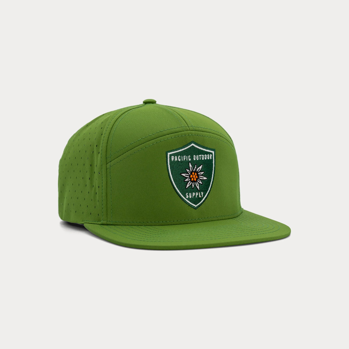 Green Pacific Outdoor Supply snapback hat, three quarter facing right