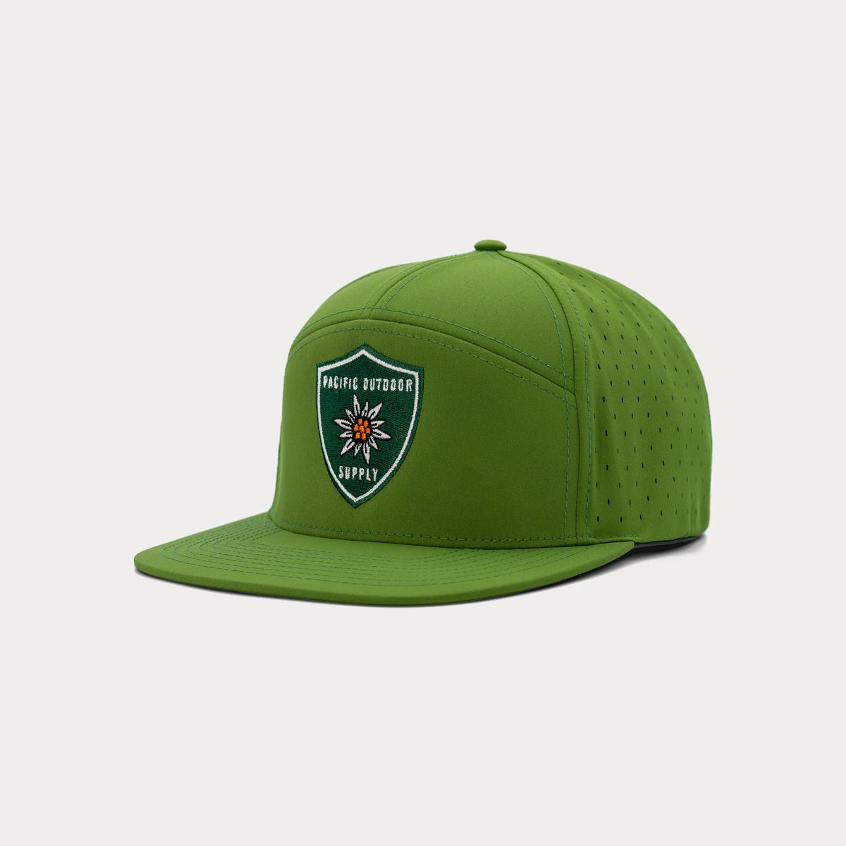 Green Pacific Outdoor Supply snapback hat, three quarter facing left