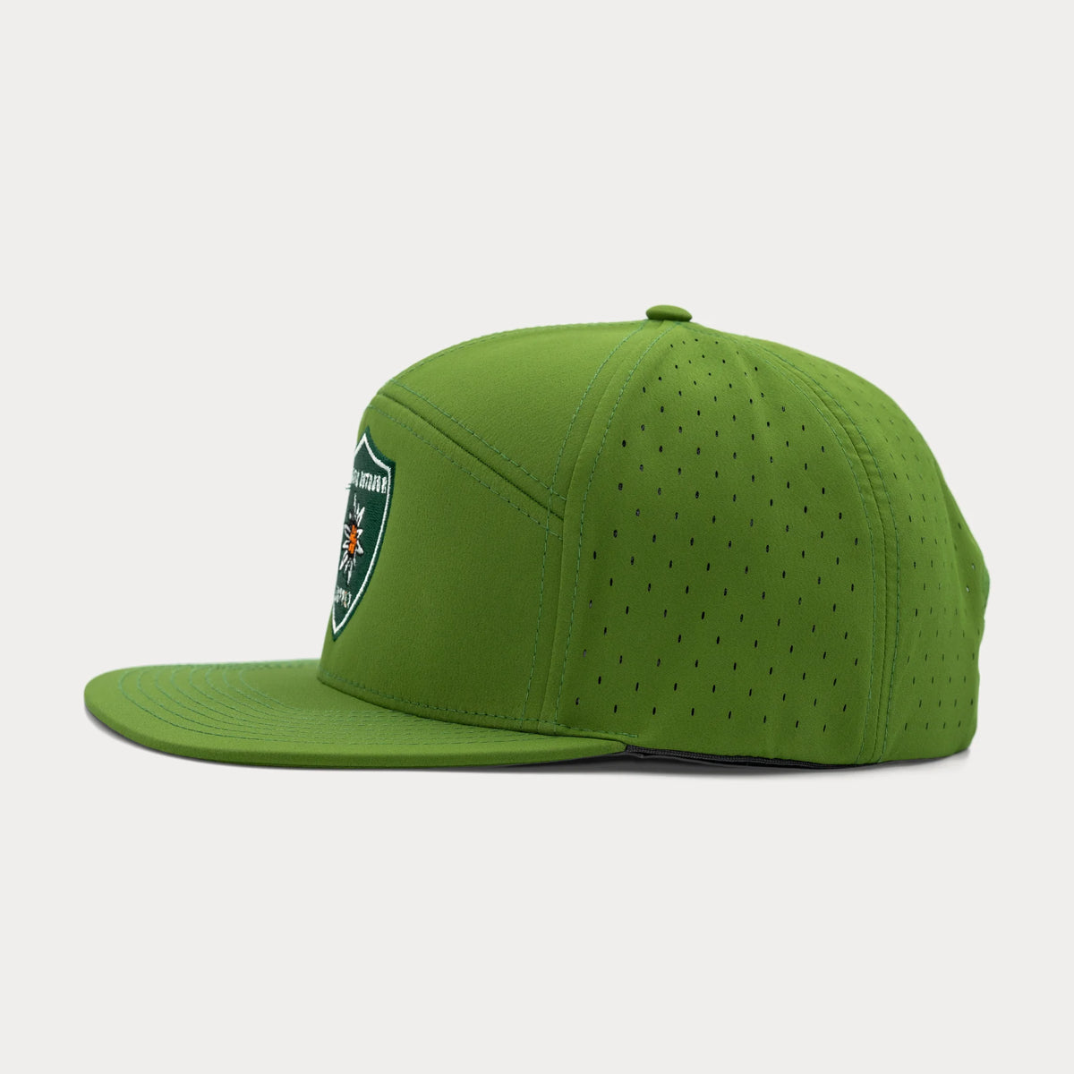Green Pacific Outdoor Supply snapback hat, profile facing left