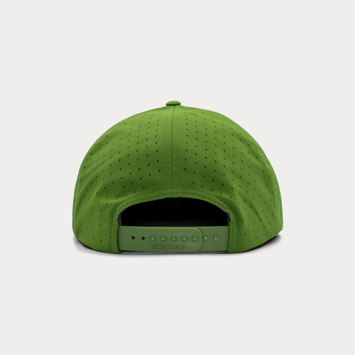 Back of green Pacific Outdoor Supply snapback hat showing adjustable snapback