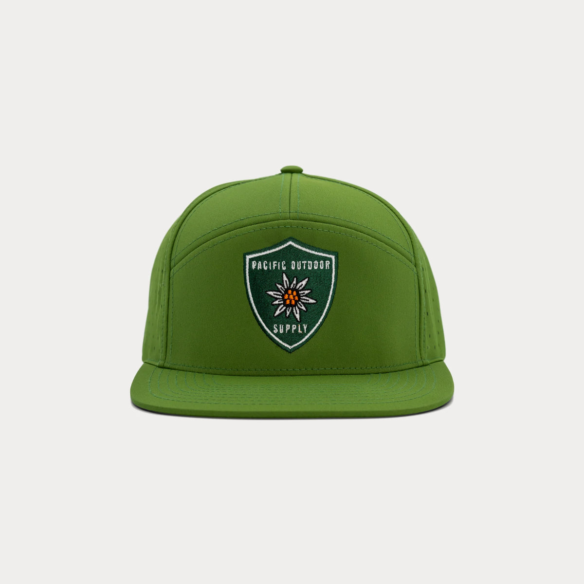 Green Pacific Outdoor Supply snapback hat with embroidered shield logo, front view