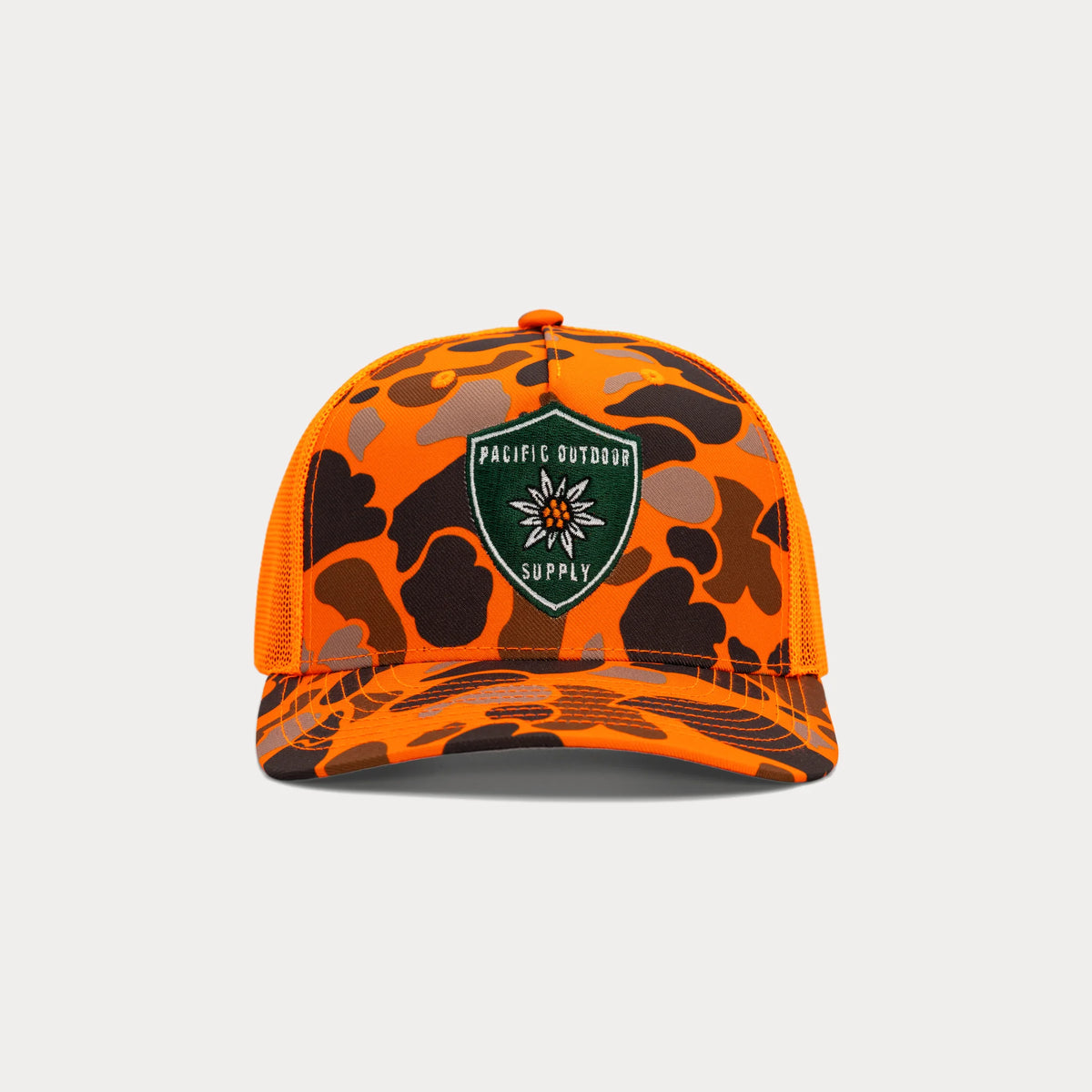 Orange camo Pacific Outdoor Supply trucker hat with embroidered shield logo, front view
