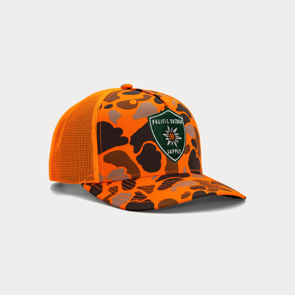 Orange camo Pacific Outdoor Supply trucker hat, three quarter facing right