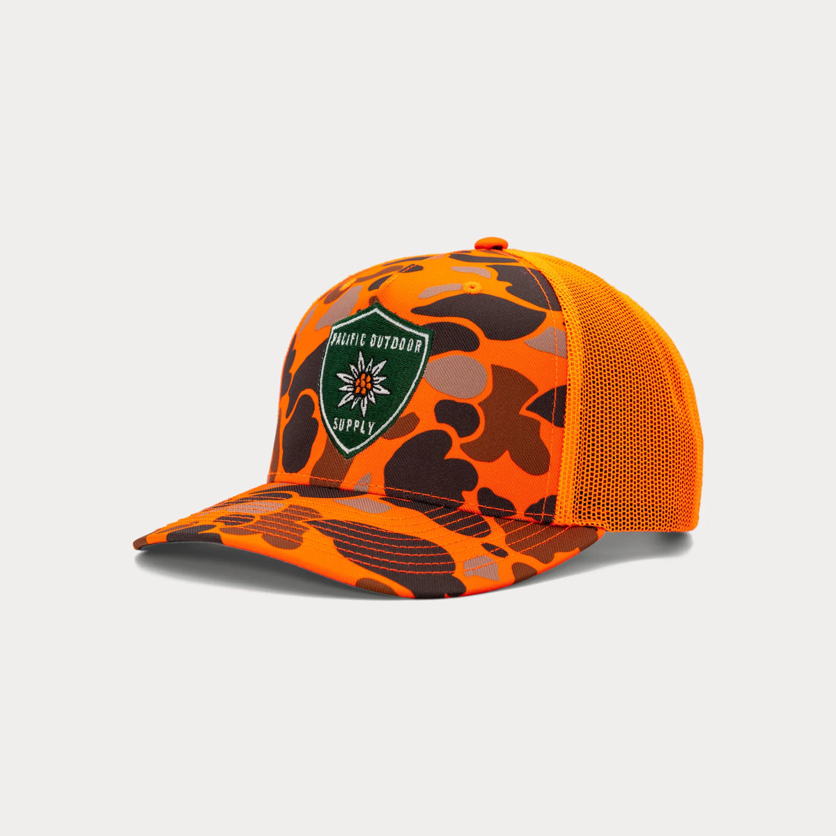 Orange camo Pacific Outdoor Supply trucker hat, three quarter facing left
