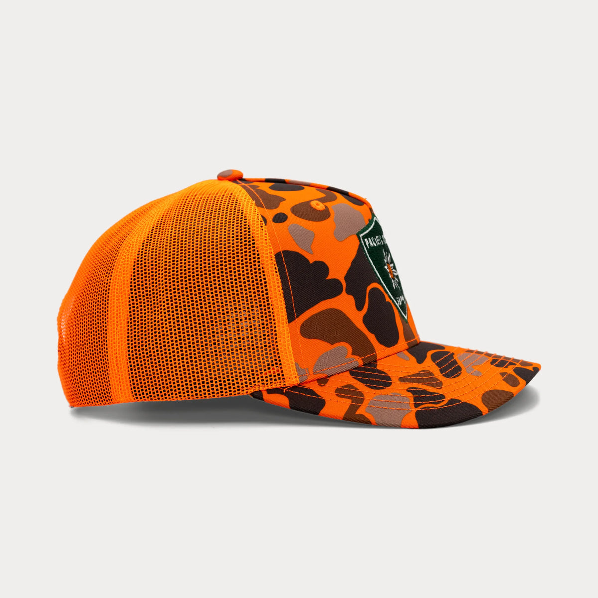 Orange camo Pacific Outdoor Supply trucker hat, profile facing right