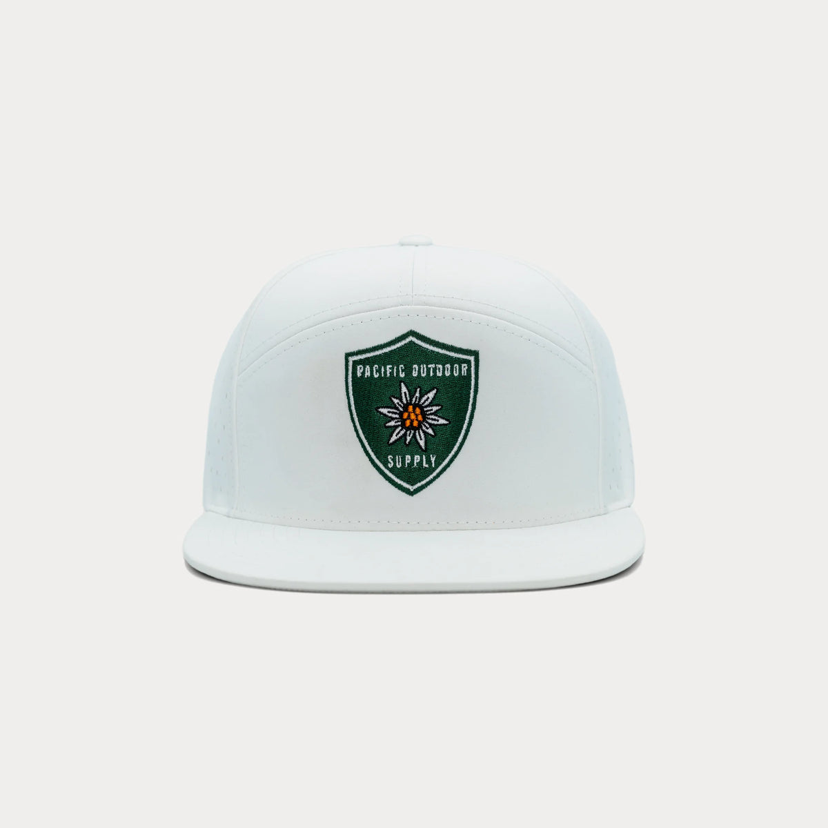 White Pacific Outdoor Supply snapback hat with embroidered shield logo, front view