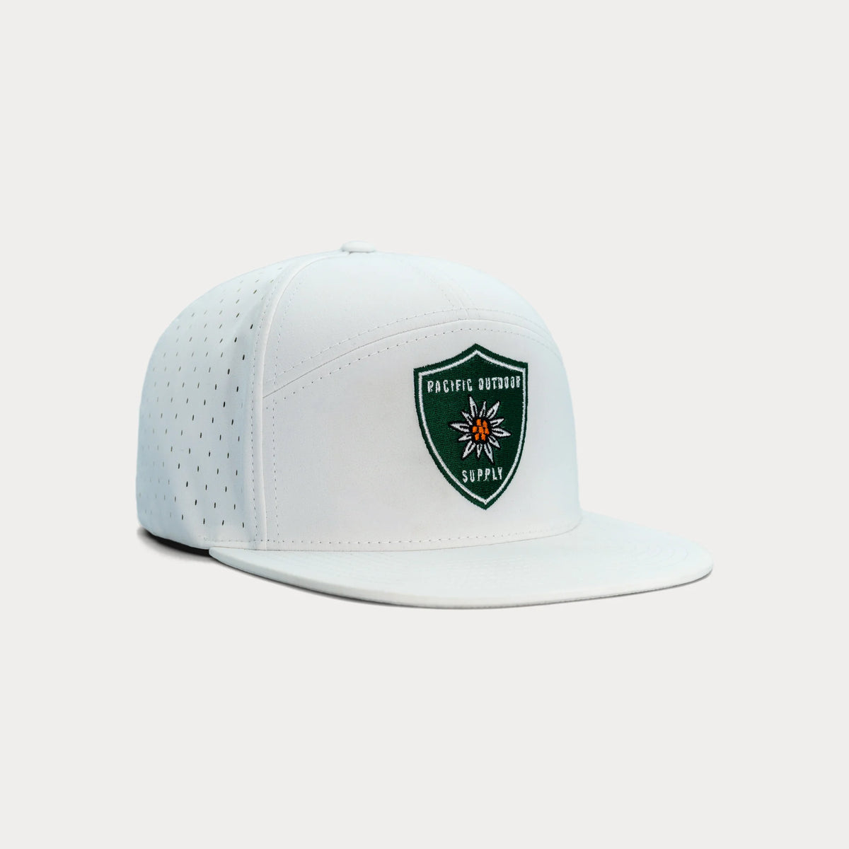 White Pacific Outdoor Supply snapback hat, three quarter facing right