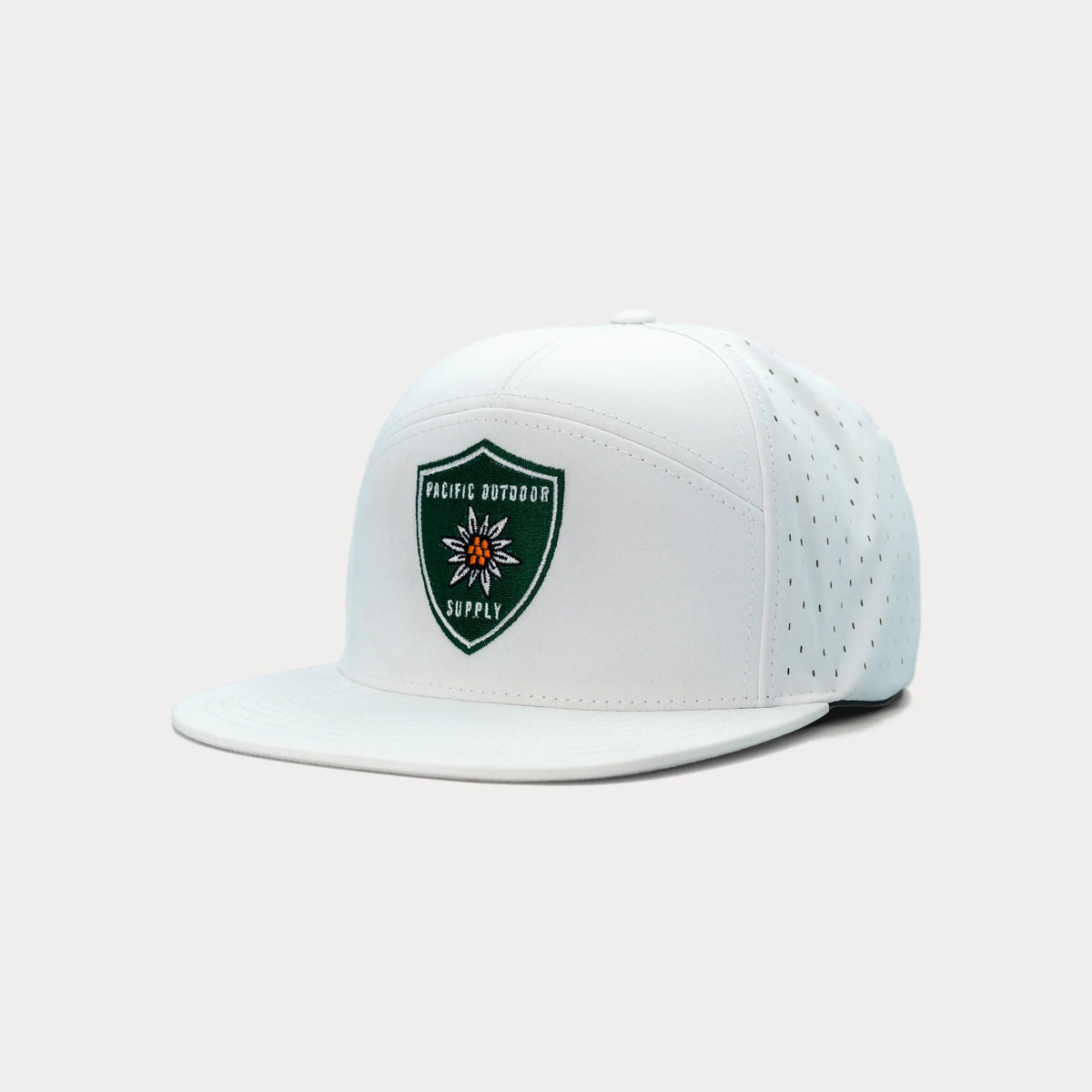 White Pacific Outdoor Supply snapback hat, three quarter facing left