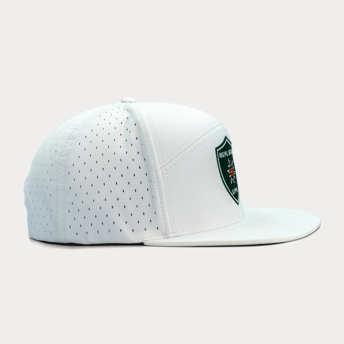White Pacific Outdoor Supply snapback hat, profile facing right