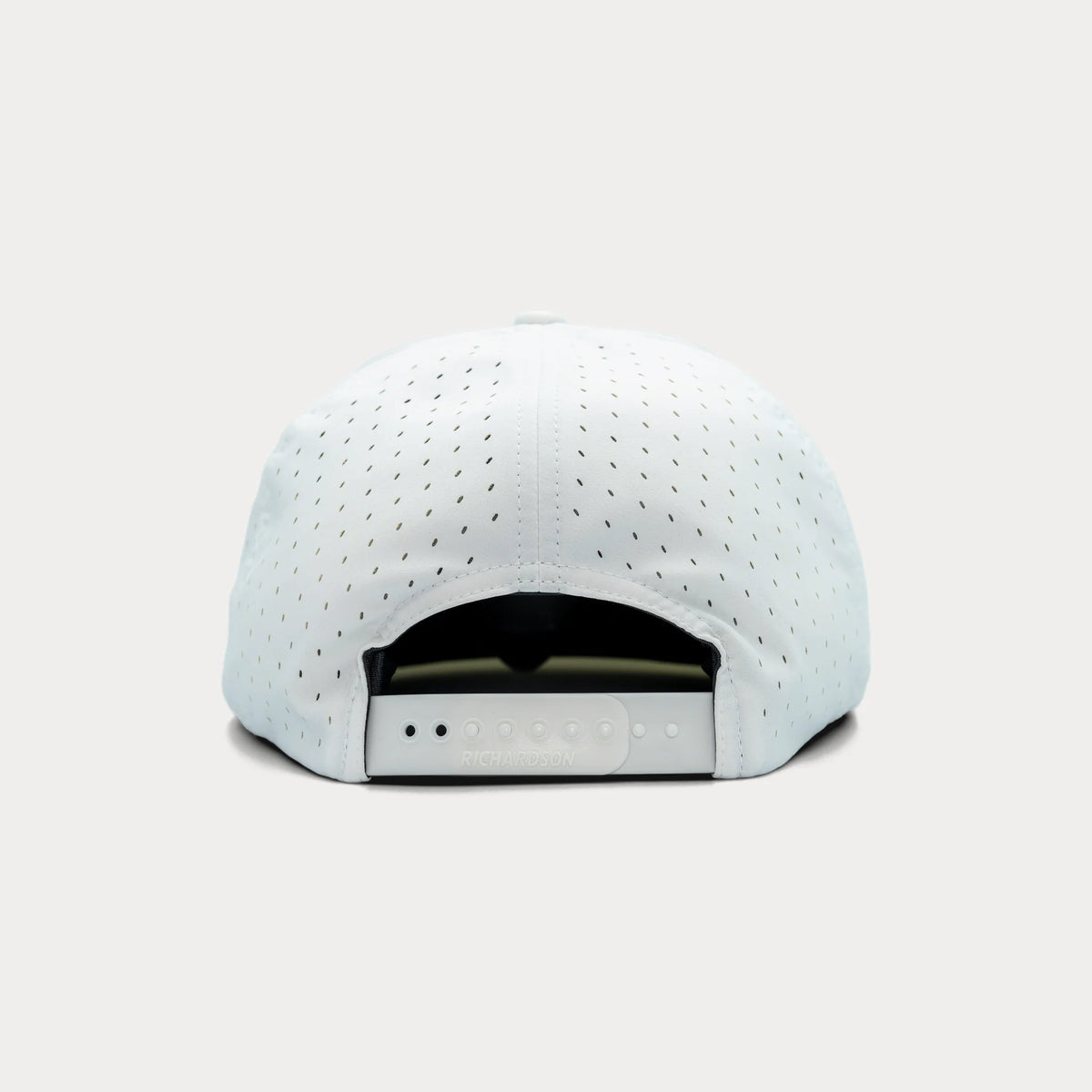 Back of white Pacific Outdoor Supply snapback hat showing adjustable snapback