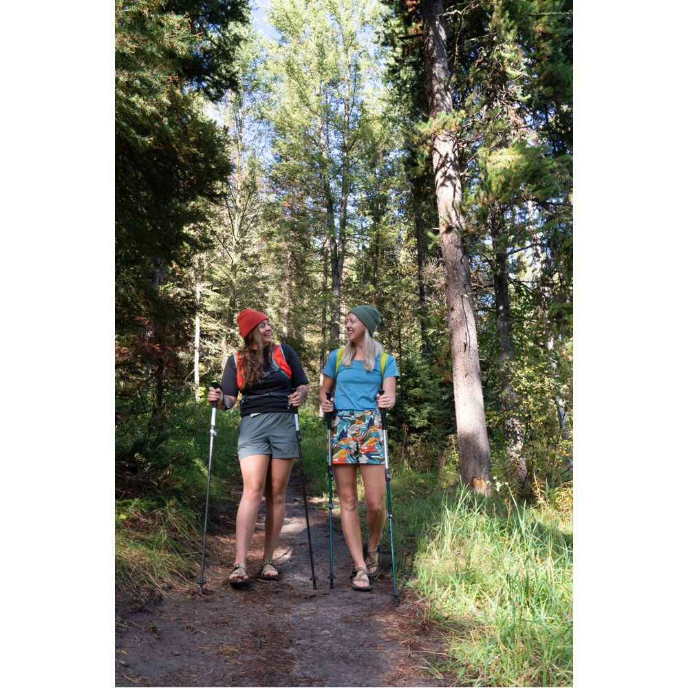 Two hikers using trekking poles on a wooded trail