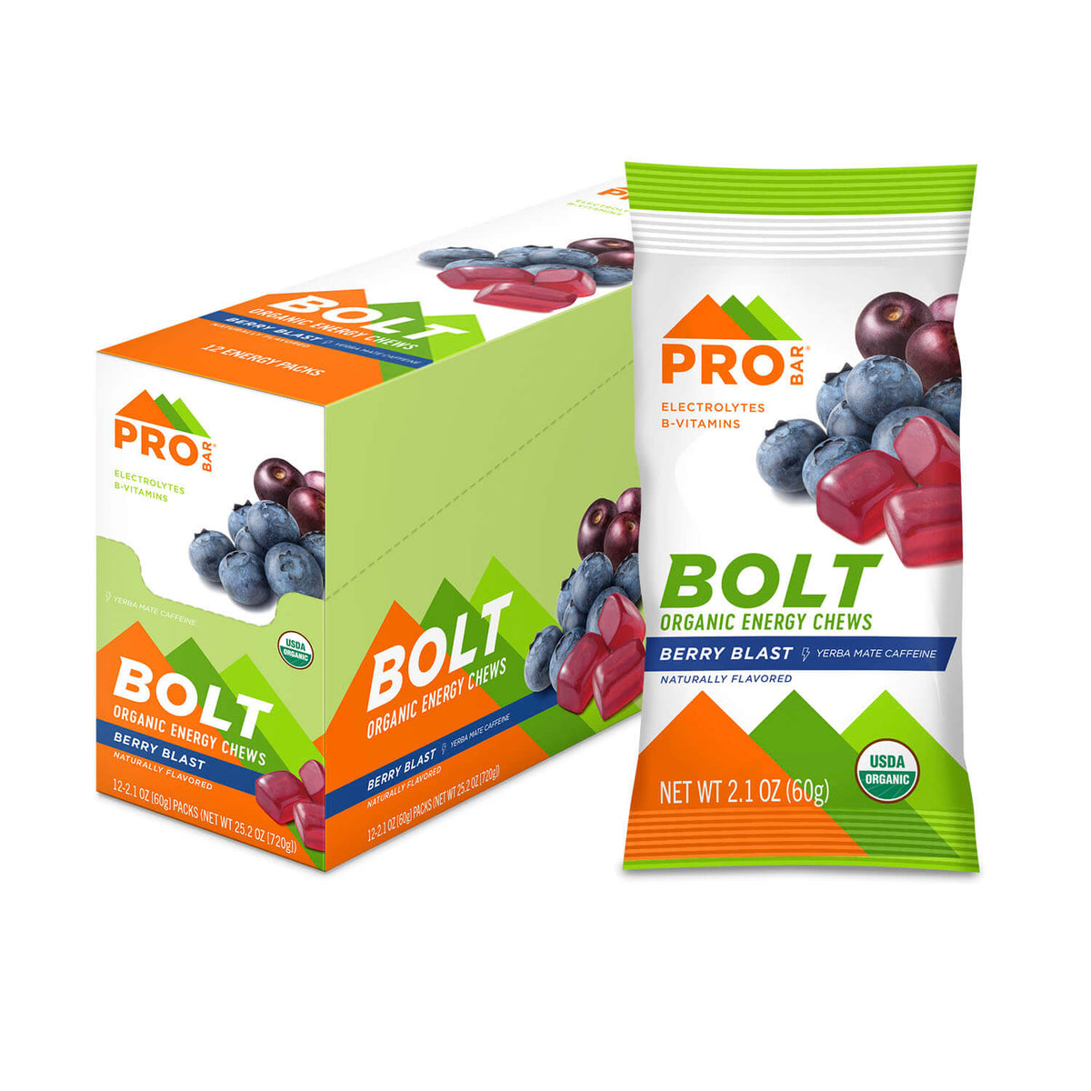 PROBAR BOLT Berry Blast energy-chew pouch beside a display carton