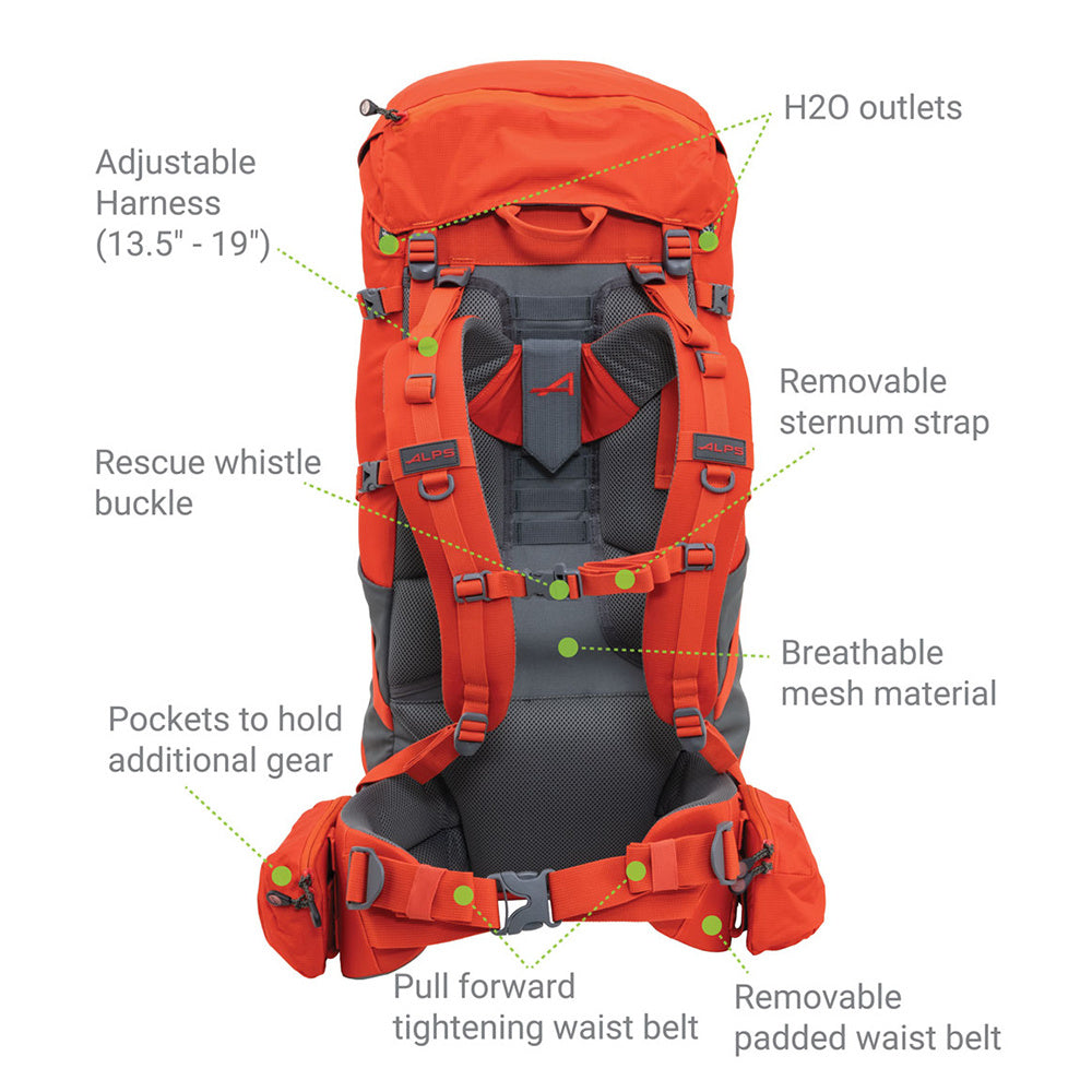 Red Tail 65L rear-view diagram identifying the adjustable harness, shoulder straps and waist belt