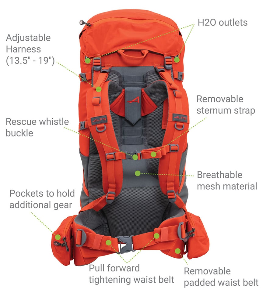 Red Tail 65L rear-view diagram identifying the adjustable harness, shoulder straps and waist belt
