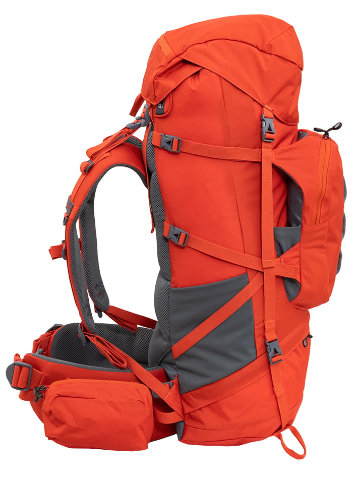 Chili Red Tail 65L pack, left side profile with compression straps and side pocket