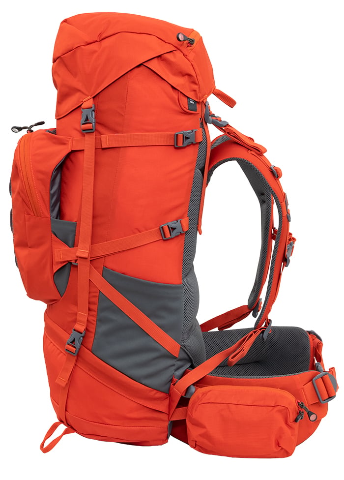 Chili Red Tail 65L pack, right side profile with compression straps and side pocket