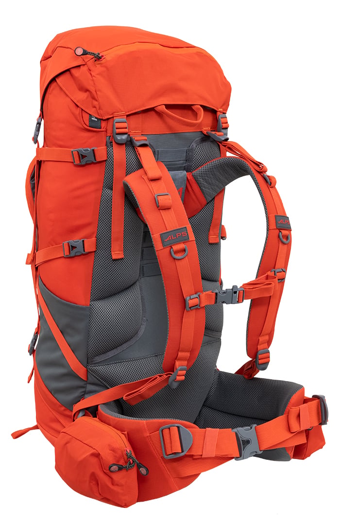 Chili Red Tail 65L pack, angled rear view showing the shoulder straps and waist belt