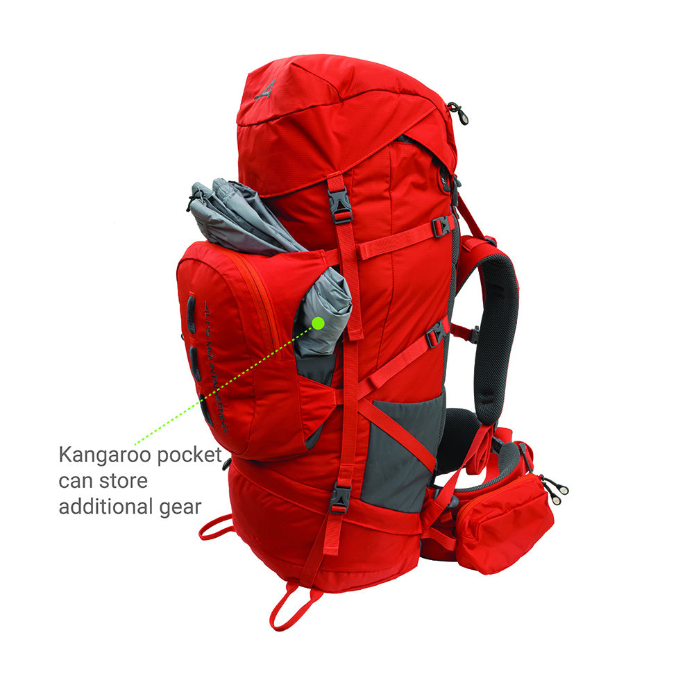 Red Tail 65L front kangaroo pocket expanded to hold additional gear