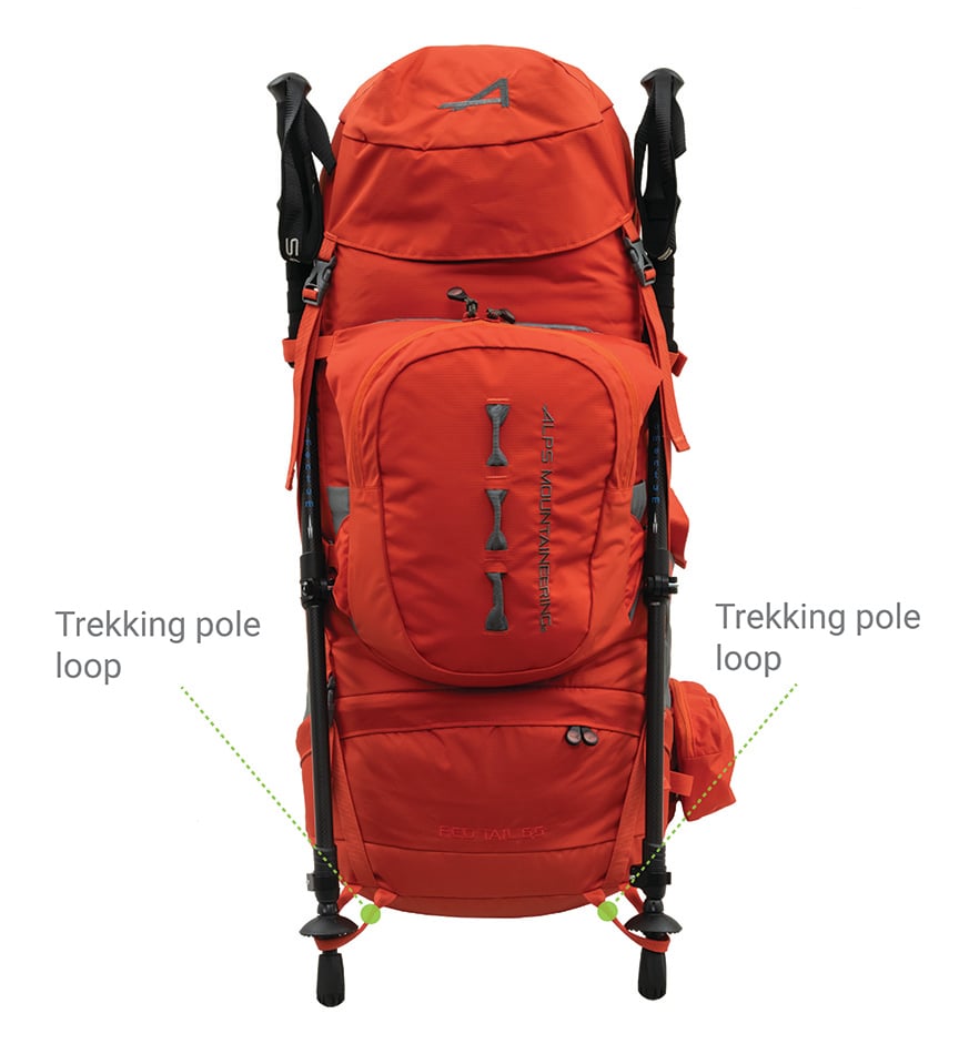 Red Tail 65L front view with trekking poles secured in the side loops