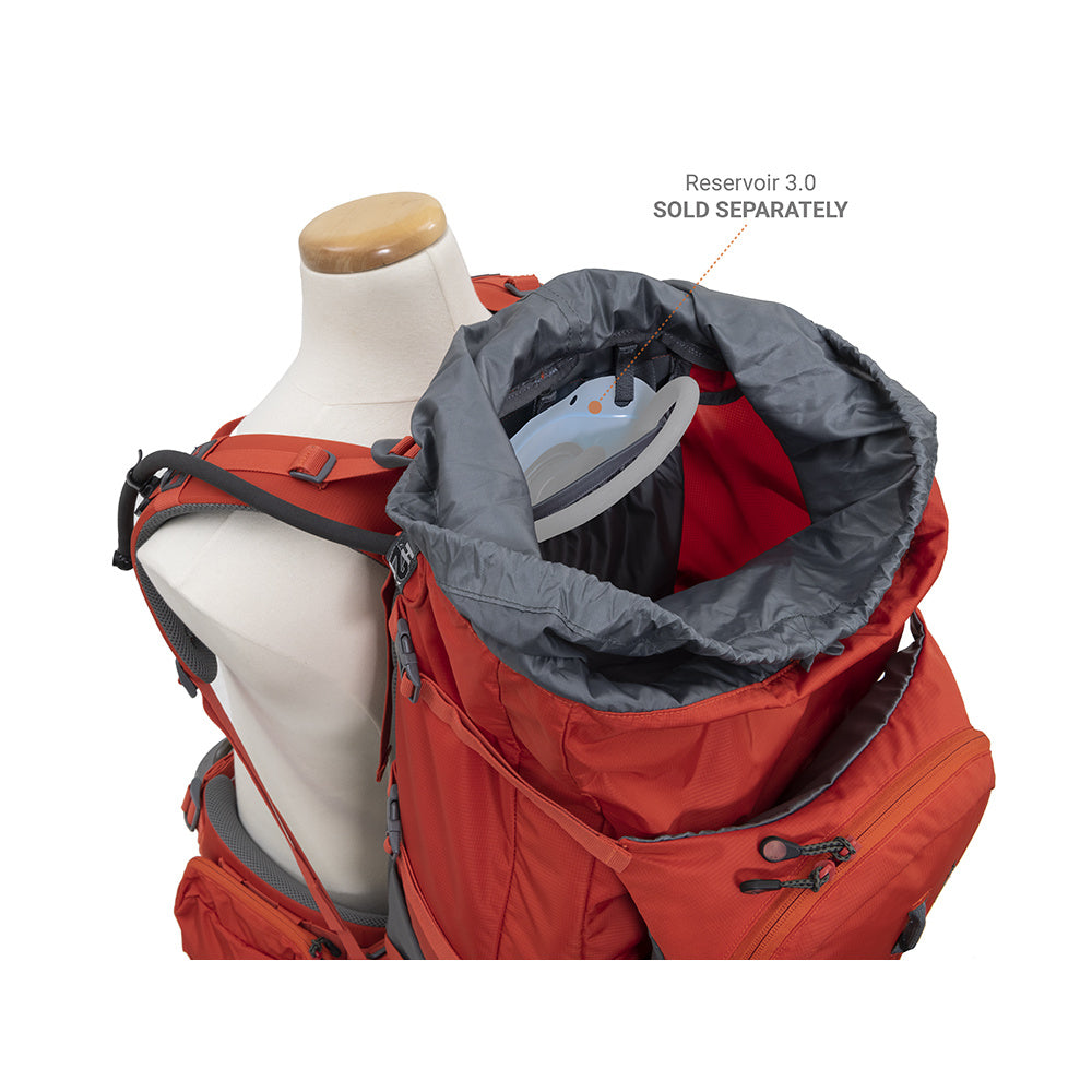 Red Tail 65L hydration pocket with a reservoir shown; graphic marks the reservoir sold separately