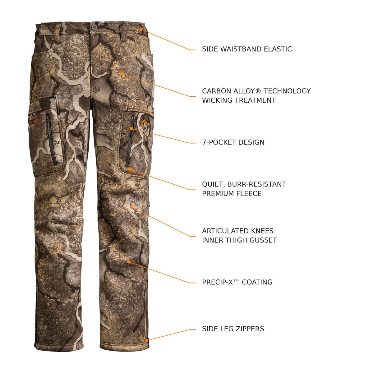 ScentLok BE:1 Silentude Pant feature diagram showing pockets, articulated knees and side zippers