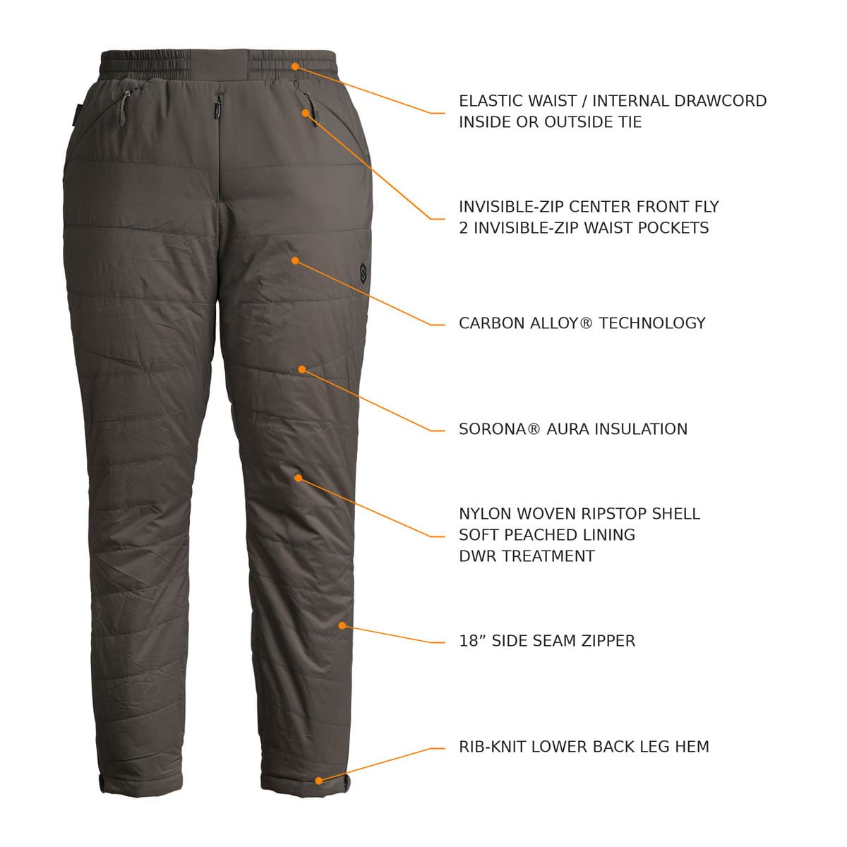 ScentLok BE:1 Reactor Puffy Pant feature diagram showing waistband, pockets and side zipper