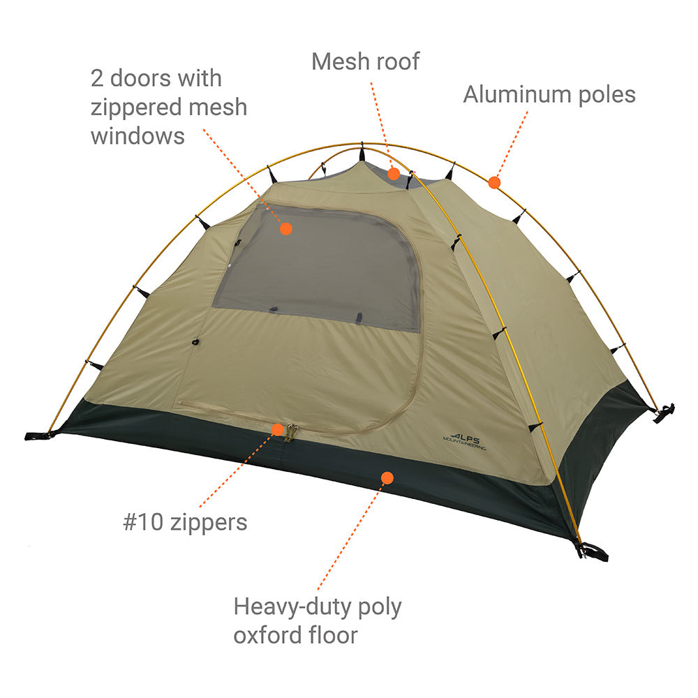 ALPS Taurus Outfitter tent feature diagram showing poles, windows and floor