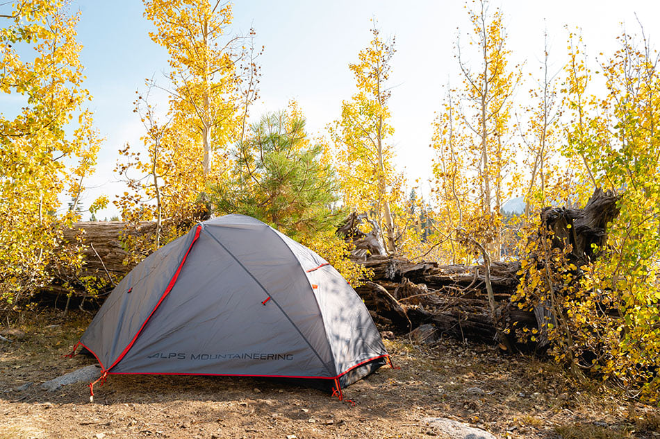ALPS Helix tent with its rainfly pitched among autumn trees