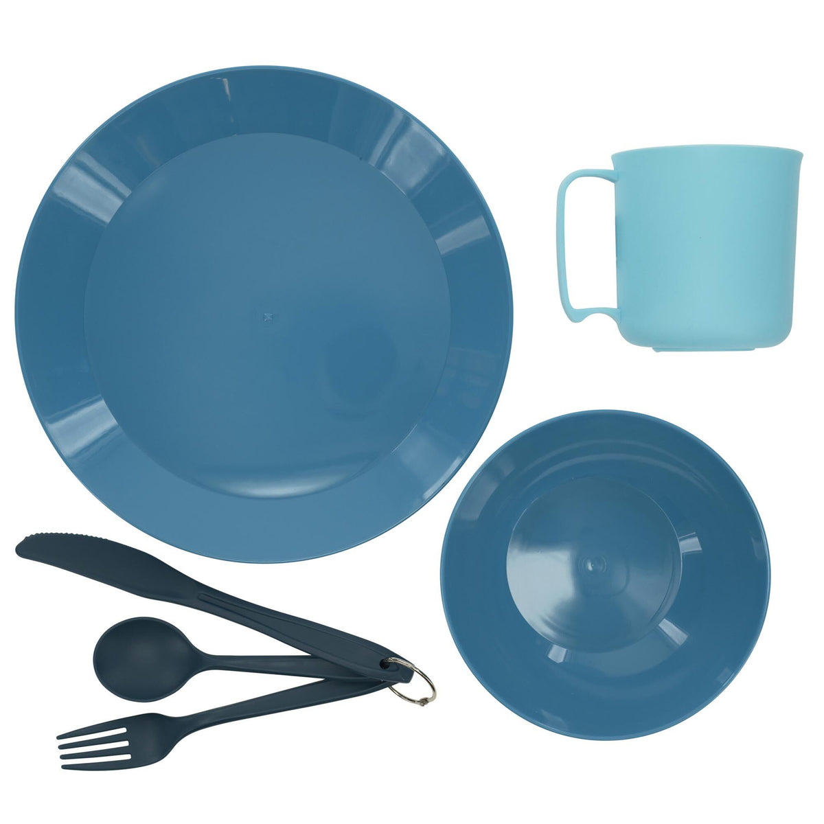 Blue UST PackWare six-piece dish set with plate, bowl, cup, fork, knife and spoon